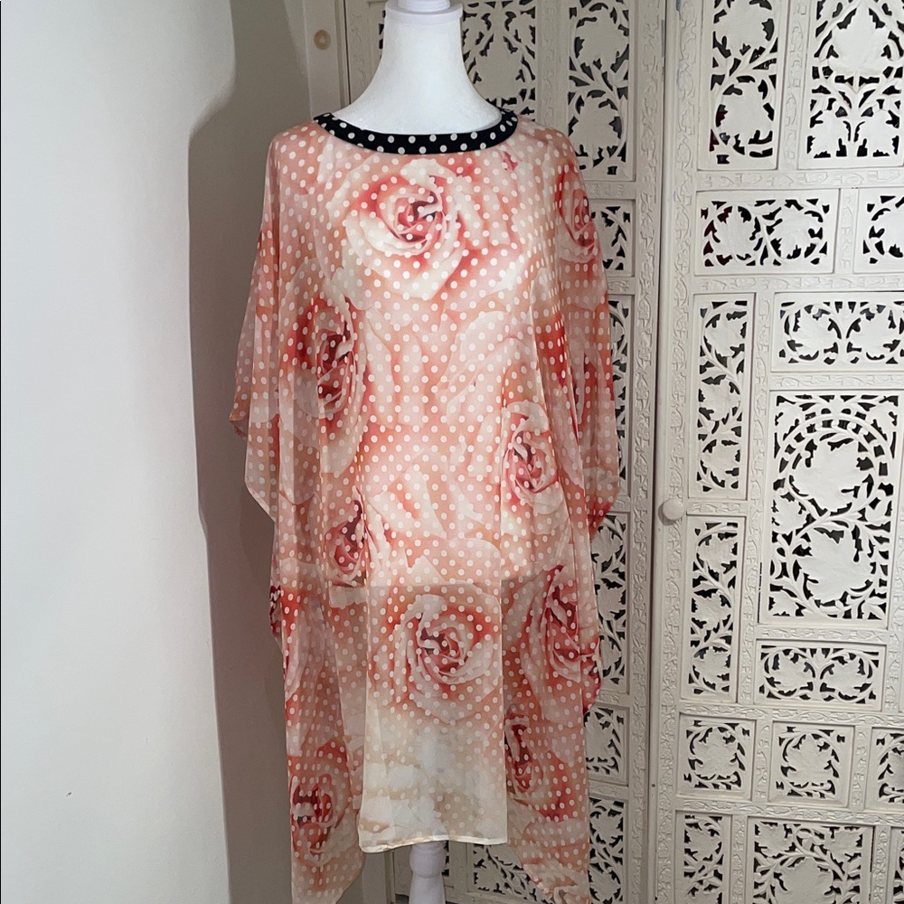 Roberto Cavalli silk Peach Polka Dot ,and rose print Sheer Tunic with Black Trim - Picture 3 of 10